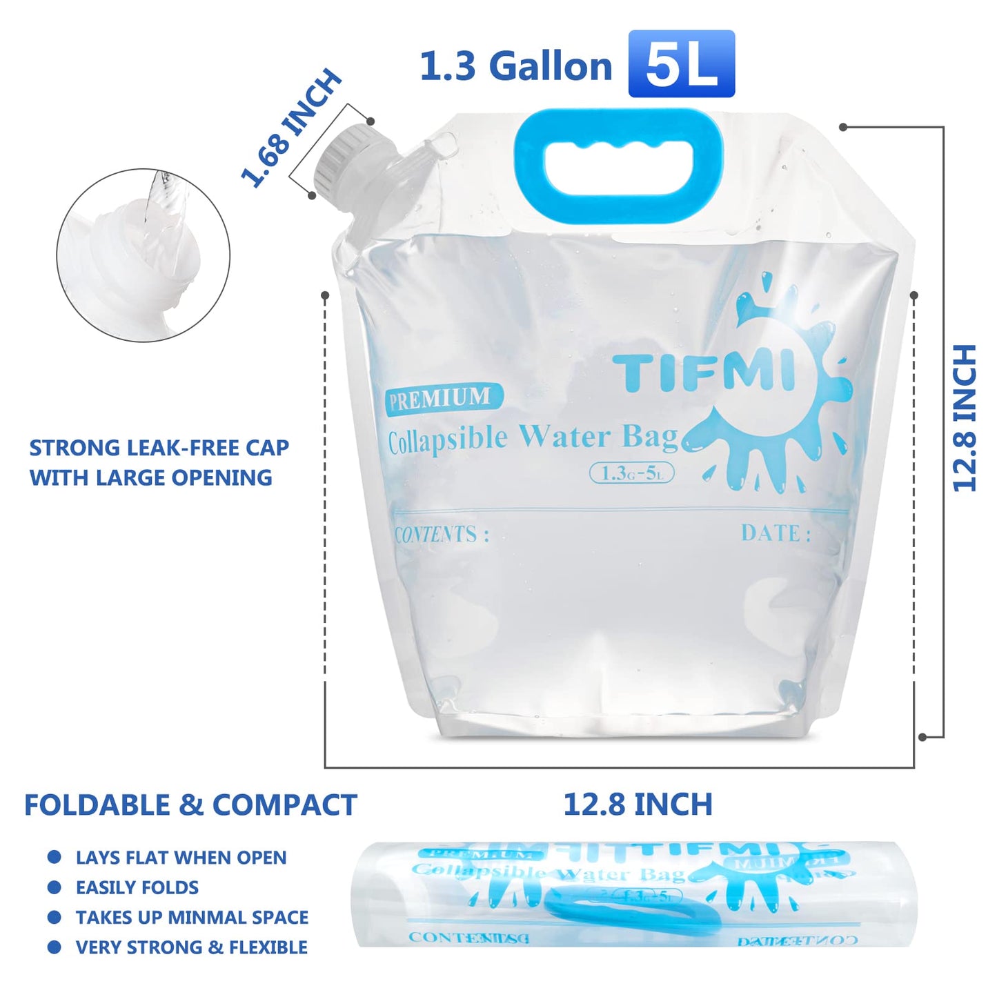 TIFMI 5 Pack 1.3 gallon water jug, Collapsible Water Container Bag, BPA Free Food Grade Clear Plastic Storage Tank for Camping Hiking Backpack Emergency, No-Leak Freezable Foldable Water Bottle