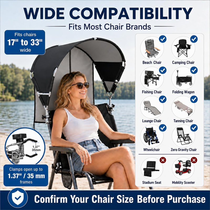 Universal Wind-Resistant Chair Umbrella Canopy, Foldable Portable UPF 50+ Sun Shade Attachment with Adjustable Clamp, Fits Most Beach, Camping, Lawn, Sports, Tanning, Zero Gravity Chairs, Patented
