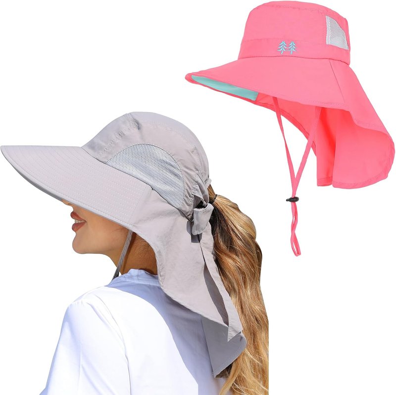 Ponytail Sun Hat - UPF 50+ Wide Brim for Hiking, Camping & Fishing | Light Gray & Watermelon Red
