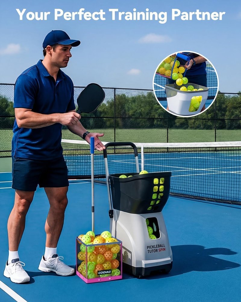 CODIAO Pickleball Picker Upper 40+ Ball Capacity Hopper Holder, Foldable Basket with Telescopic Stainless Steel Handle, Quick Pickup No Bending Ball Retriever Collector, Portable for Court Training