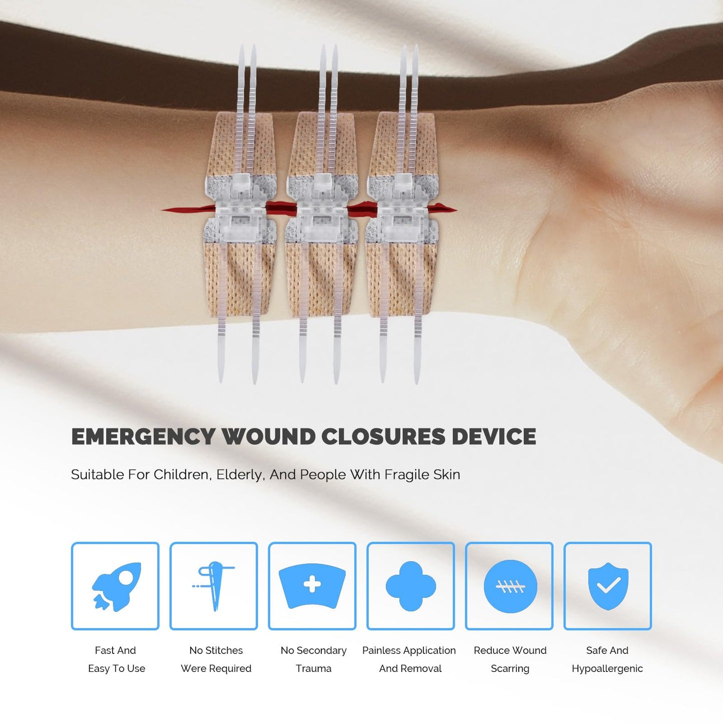 Emergency Wound Closure Strips, 5 Pcs Zip Stitch Butterfly Bandages for Wound Closure, Steri Strips Alternative for Lacerations, Easy Pull Skin Closure Device for First Aid Kits, Home & Outdoor Use