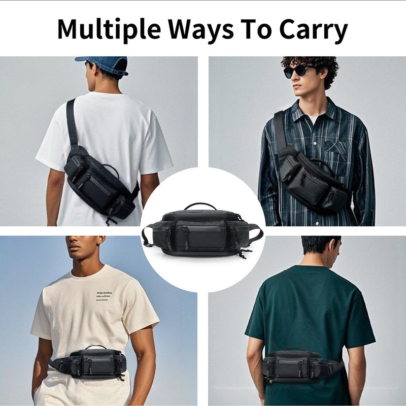 reeyee N10 Utility Cycling Waist Pack, 6.5L Expandable Motorcycle Hip Bag, 840D CORDURA Water-Resistant Sling Bag with Quick-Release Magnetic Buckle & Reflective Zipper for Hiking, Commuting - Black