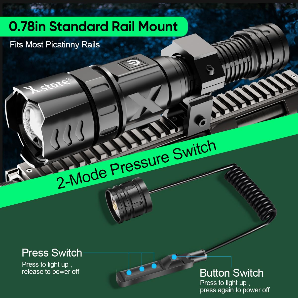 X.Store Led Tactical Flashlight, Custom Design XHP70 Picatinny Rail Mount Flashlight Rifle Light Electric Flashlights, 5 Modes Waterproof with Zoom Function Pressure Switch for Outdoor Hiking Camping