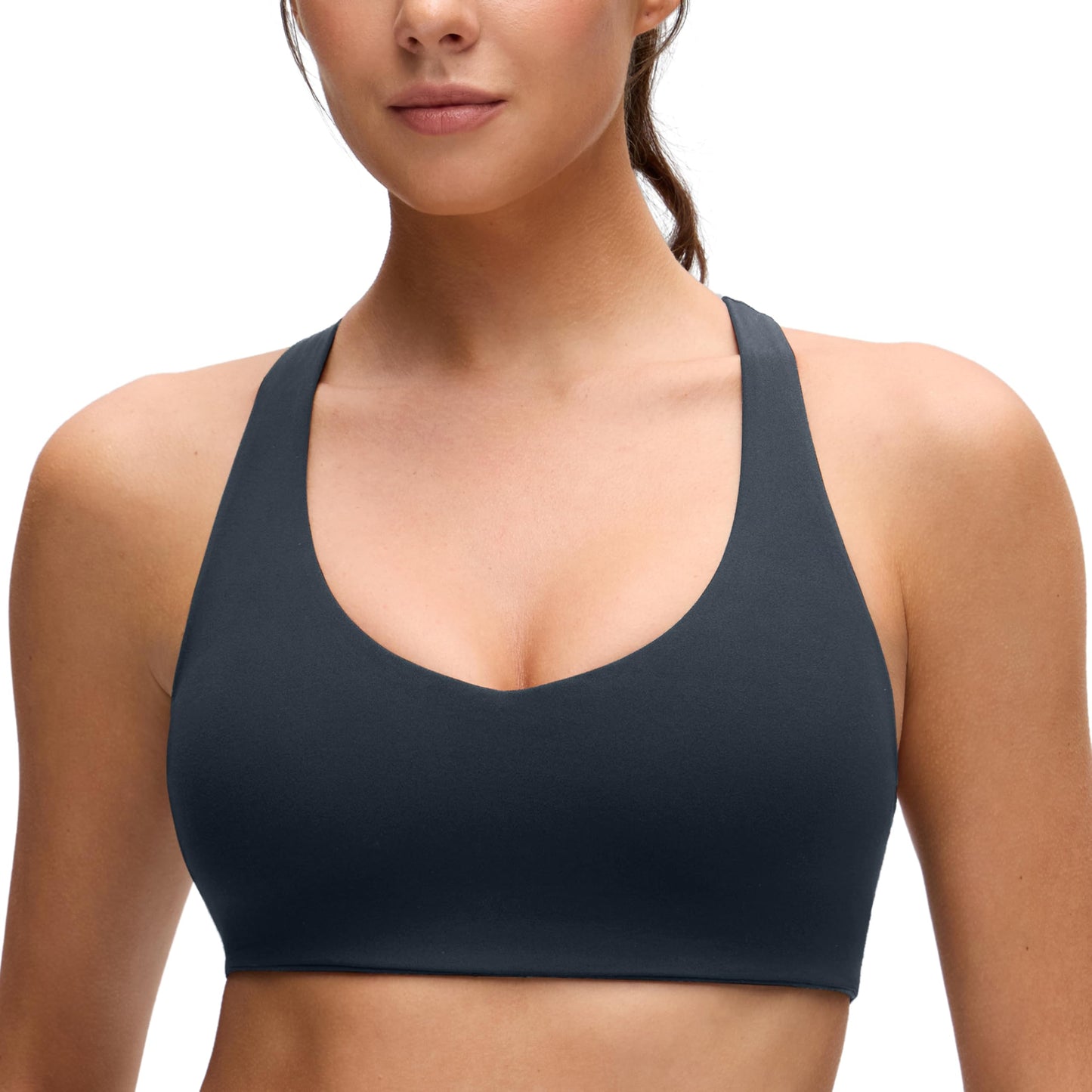 CRZ YOGA Butterluxe Racerback Sports Bras for Women - V Neck Supportive Padded Wireless Athletic Yoga Crop Top True Navy Small