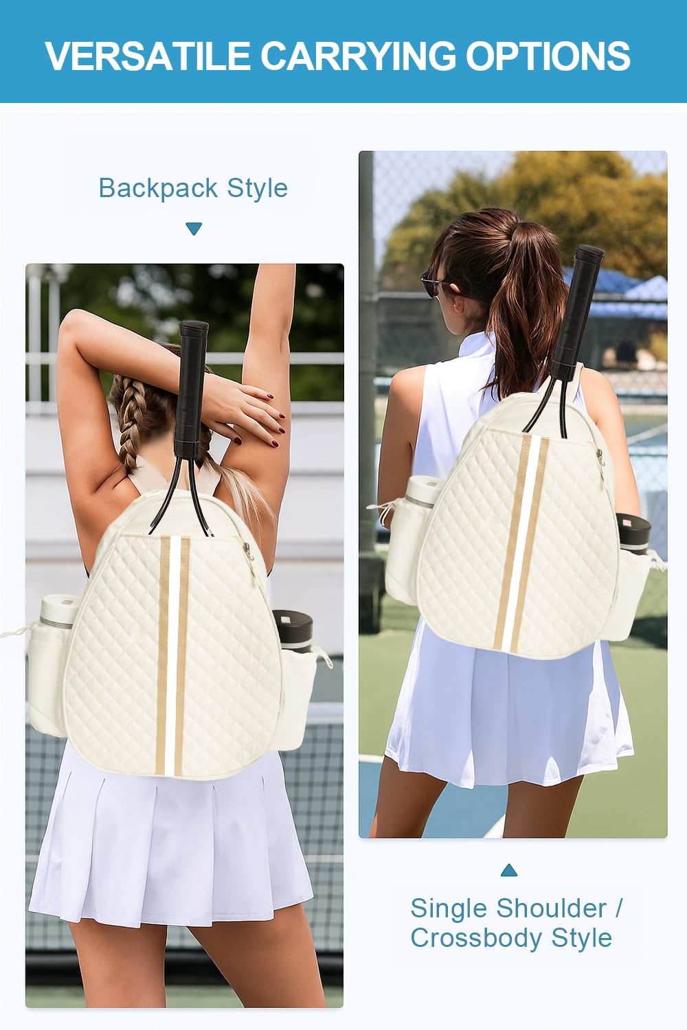 Parachase Tennis Bag for Women and Men, Quilted Tennis Backpack, Water Resistant Sling Crossbody Backpack, Suitable for Pickleball Tennis Badminton, Beige, M