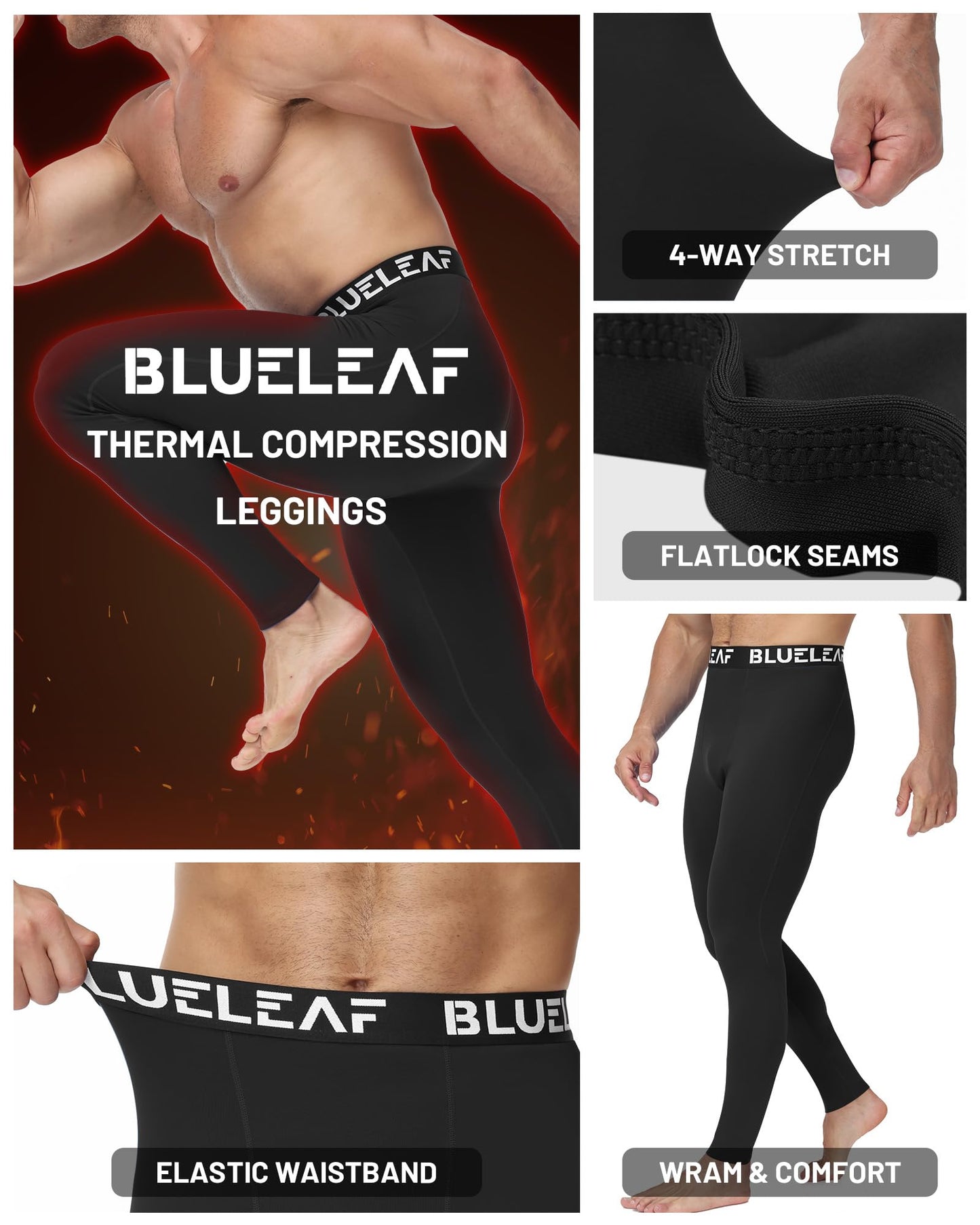 Blueleaf Mens Thermal Compression Pants Fleece Lined Athletic Running Tights Leggings Cold Weather Sports Base Layer Bottoms Winter Gear Black M