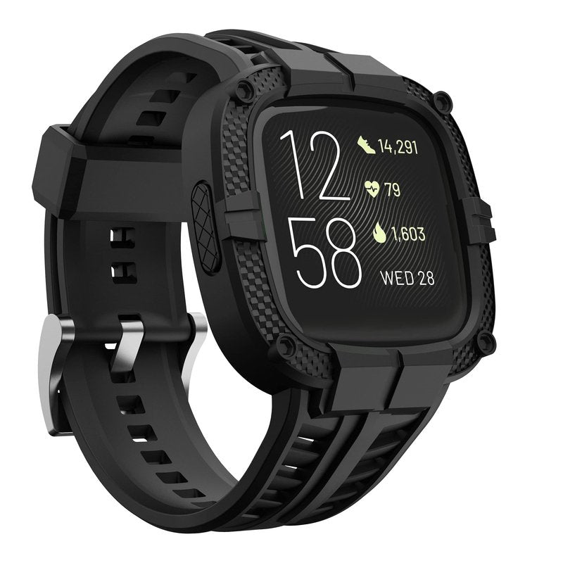 GELISHI Compatible for Fitbit Versa 2 Bands All Round Protective Case Rugged Sport Band Wristbands for Men Women Black
