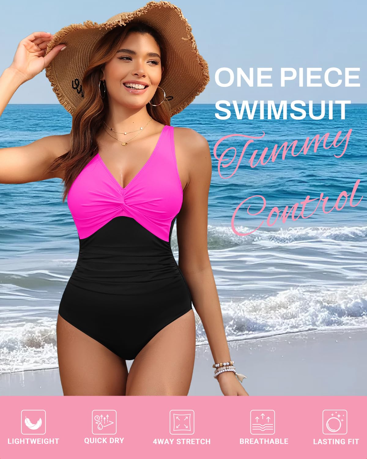 Holipick Hot Pink Black Women Tummy Control One Piece Swimsuit - Push Up Bathing Suit Full Coverage Slimming Swimwear XXL