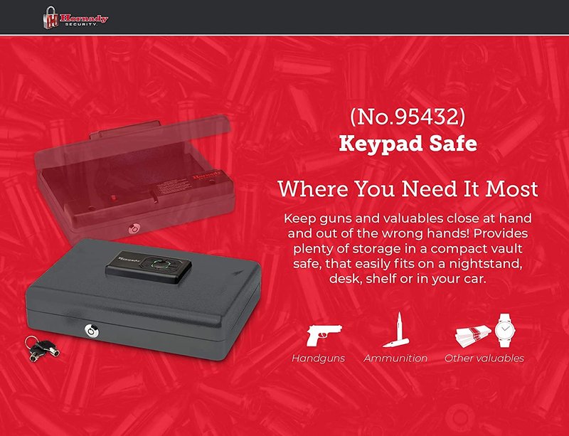 Hornady Handgun Vault Safe with Keypad Entry – Secure Your Firearms and Valuables – 4-6 Keypad Entry, Interior Light and Backup Keys – Black, 12 (H) x 8.3 (W) x 2.6 (D) Inches – Item 95432