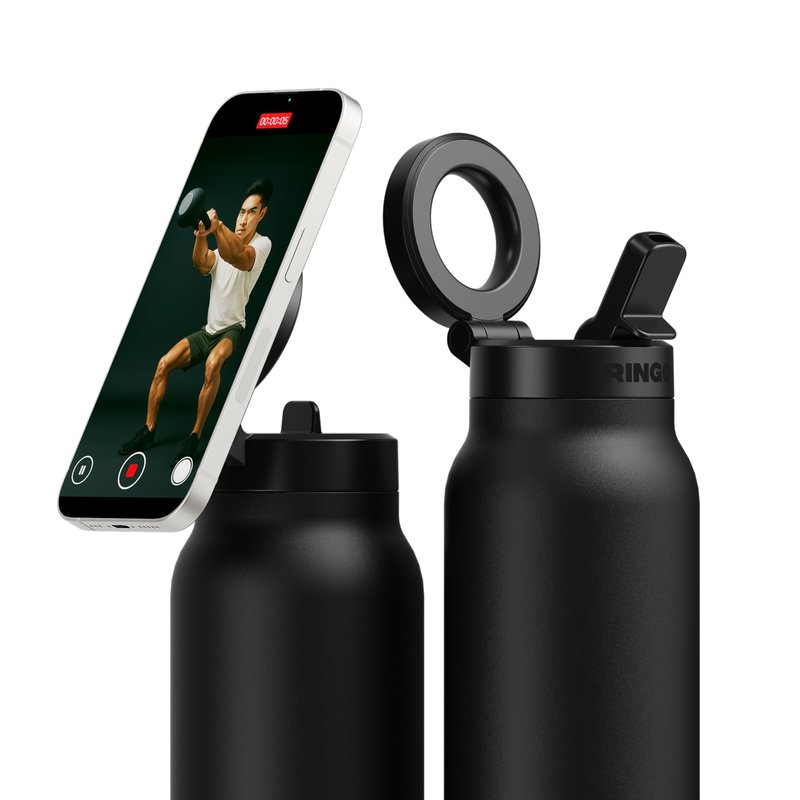 RINGO PRO Water Bottle with Magnetic Phone Mount & Sip Straw Lid - Insulated Stainless Steel Bottle for Workouts, Content Creation, Navigation & Facetime on the Go, 12Hrs Hot/24Hrs Cold Black-24oz