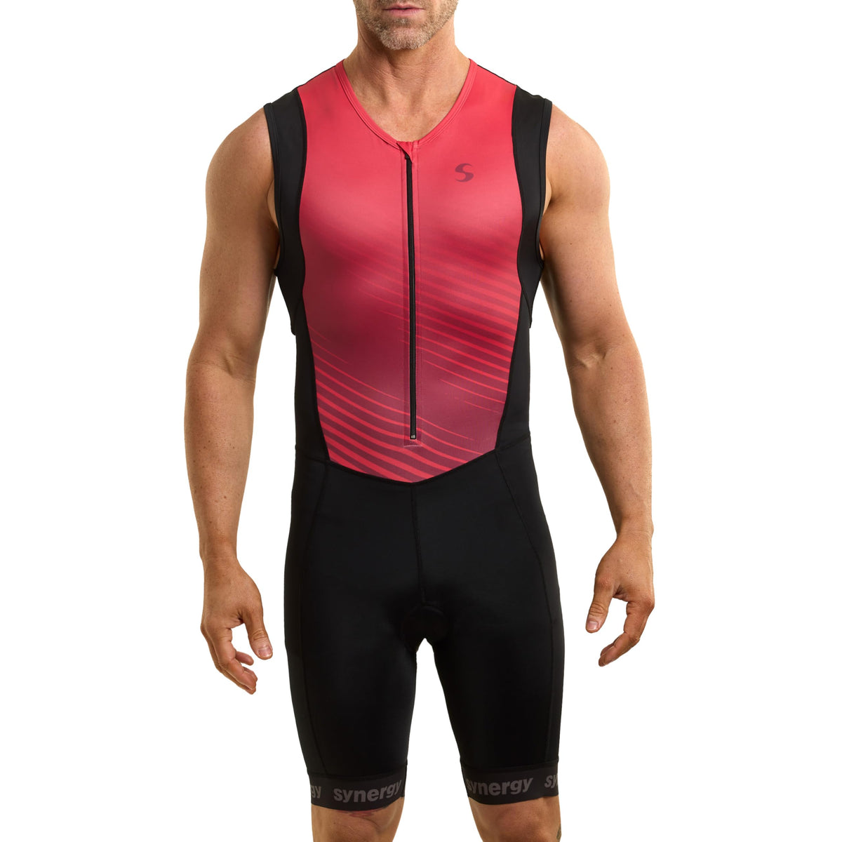 Synergy Triathlon Tri Suit - Men's Race Sleeveless Trisuit (Black/Ruby, Small)