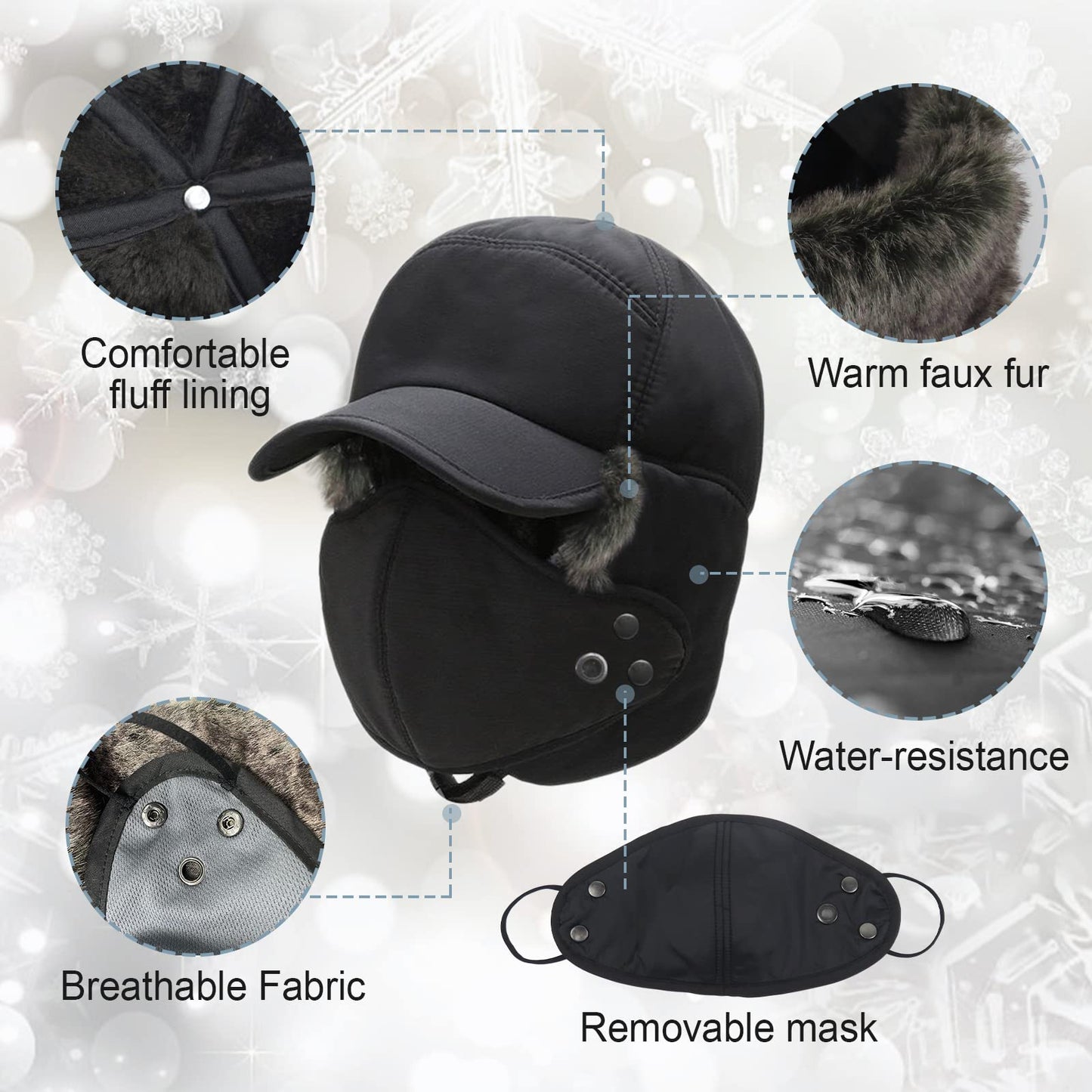 Phaiy Trapper Hat for Men Women, Winter Hats with Ear Flaps, Full Face Windproof Mask Baseball Cap with Faux Fur Lined, Keeping Warm While Skating, Skiing Other Outdoor Activities Black