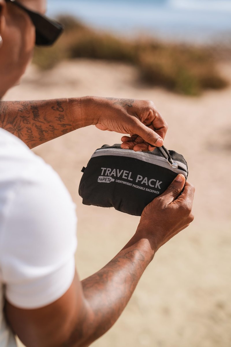 ChicoBag Travel Pack rePETe + Refine | Eco-friendly Lightweight and Packable Travel Backpack (Obsidian)