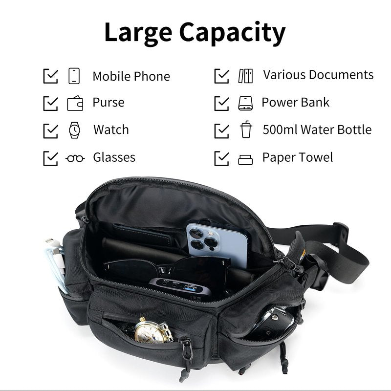 reeyee N10 Utility Cycling Waist Pack, 6.5L Expandable Motorcycle Hip Bag, 840D CORDURA Water-Resistant Sling Bag with Quick-Release Magnetic Buckle & Reflective Zipper for Hiking, Commuting - Black