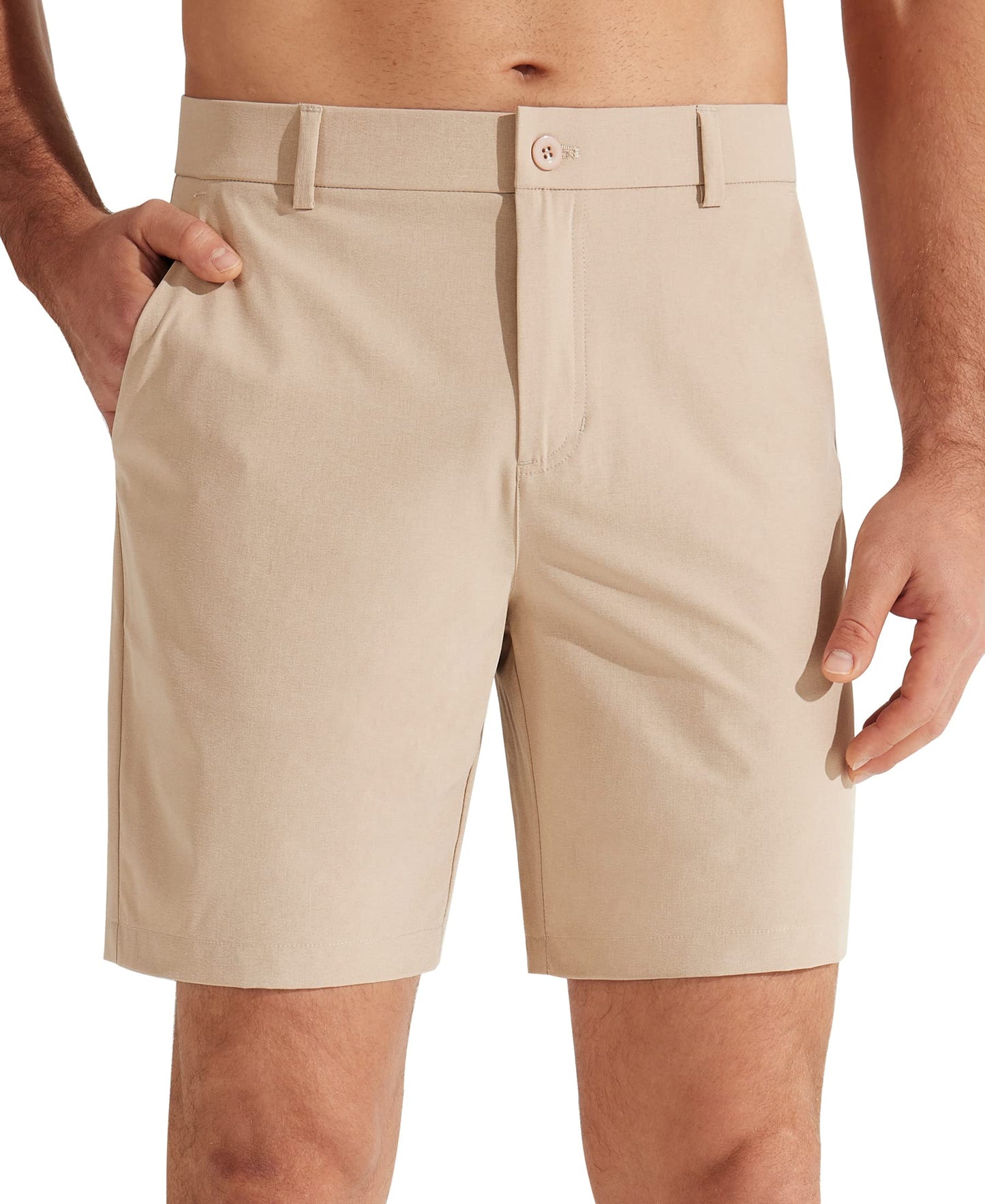 Libin Men's Golf Shorts 7" Work Dress Shorts Casual Flat Front Hybrid Short Lightweight Quick Dry Water Resistant, Khaki, Size 32