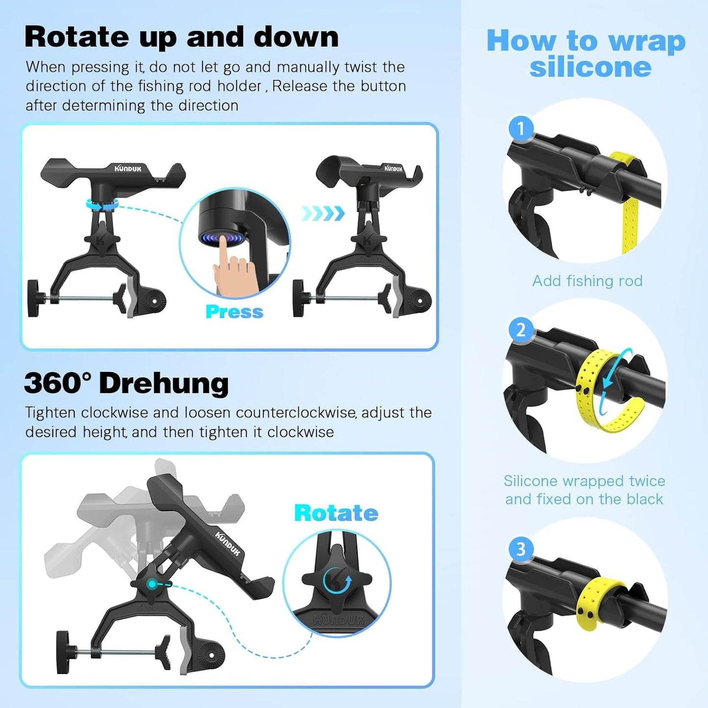 Fishing Rod Holder - 360° Dual Rotation with Button-Lock | Universal Silicone Strap & Enlarged V-Clamp for Round/Square Tubes