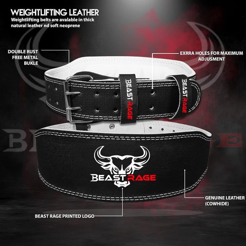 BEAST RAGE Weight Lifting Belt Leather Heavy Duty Gym Body Building Workout Training Weight Lifting Belt Adjustable Holes 4” Padded Lumbar Back Support Exercise Powerlifting Fitness Strength (Black, XL)