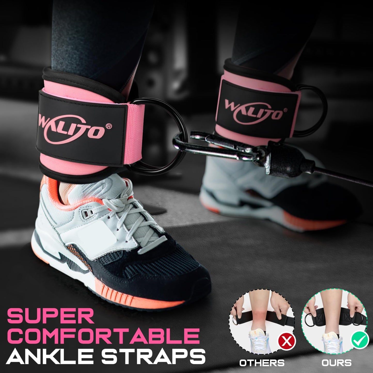 WALITO Gym Ankle Straps for Working Out - Glute Ankle Cuff Kickback Strap, Gym Cable Machine Accessories for Women Glute Leg Extensions, Hip Abductors & Lower Body Exercises Equipment