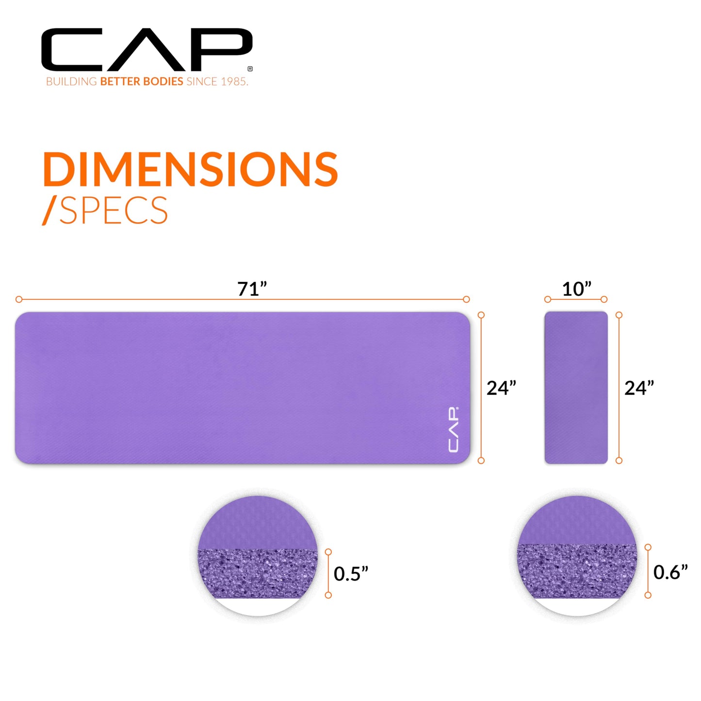 CAP High Density Exercise Yoga Mat with strap and Knee Pad 71"x24"x1/2" PURPLE