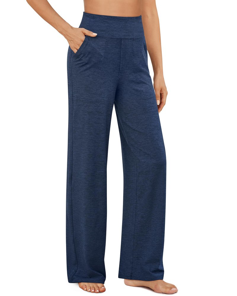 G4Free Wide Leg Casual Pants with Pockets Womens Loose Fit Yoga Joggers Lightweight Breathable Sweatpants for Workout Walking(Navy Heather,L,Extra Tall)