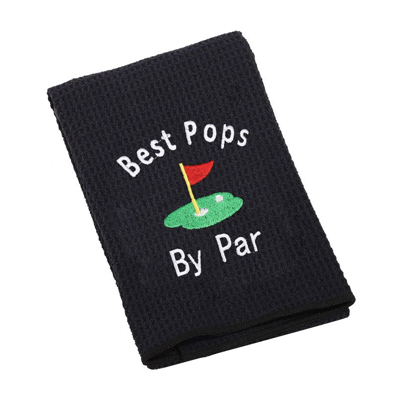 LEVLO Dad Golf Towel Embroidered Golf Towel Gift Golf Father Gift Best Pops/Grampy/Papaw/Opa by Par Golf Towel with Clip (Pops-Black)