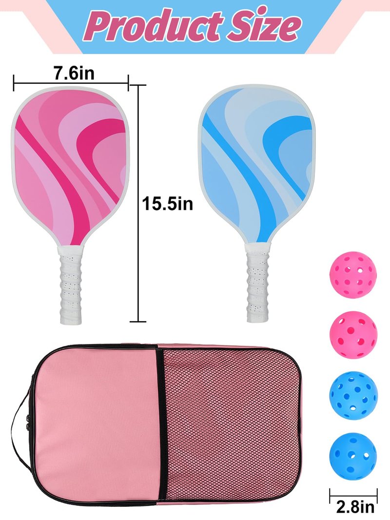 Cute Pickleball Set of 2 Paddles - Pink & Blue Lightweight Pickleball Rackets with 2 Indoor and 2 Outdoor Balls, 1 Portable Bag, for Beginner Youth Women Couple Gift