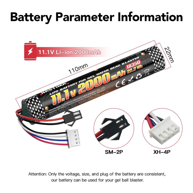 NASTIMA Airsoft Battery 11.1V 2000mAh SM2P Plug, Airsoft Gel Water Bead Blaster Batteries for Splatter Ball with Charging Cable (2 Pack)