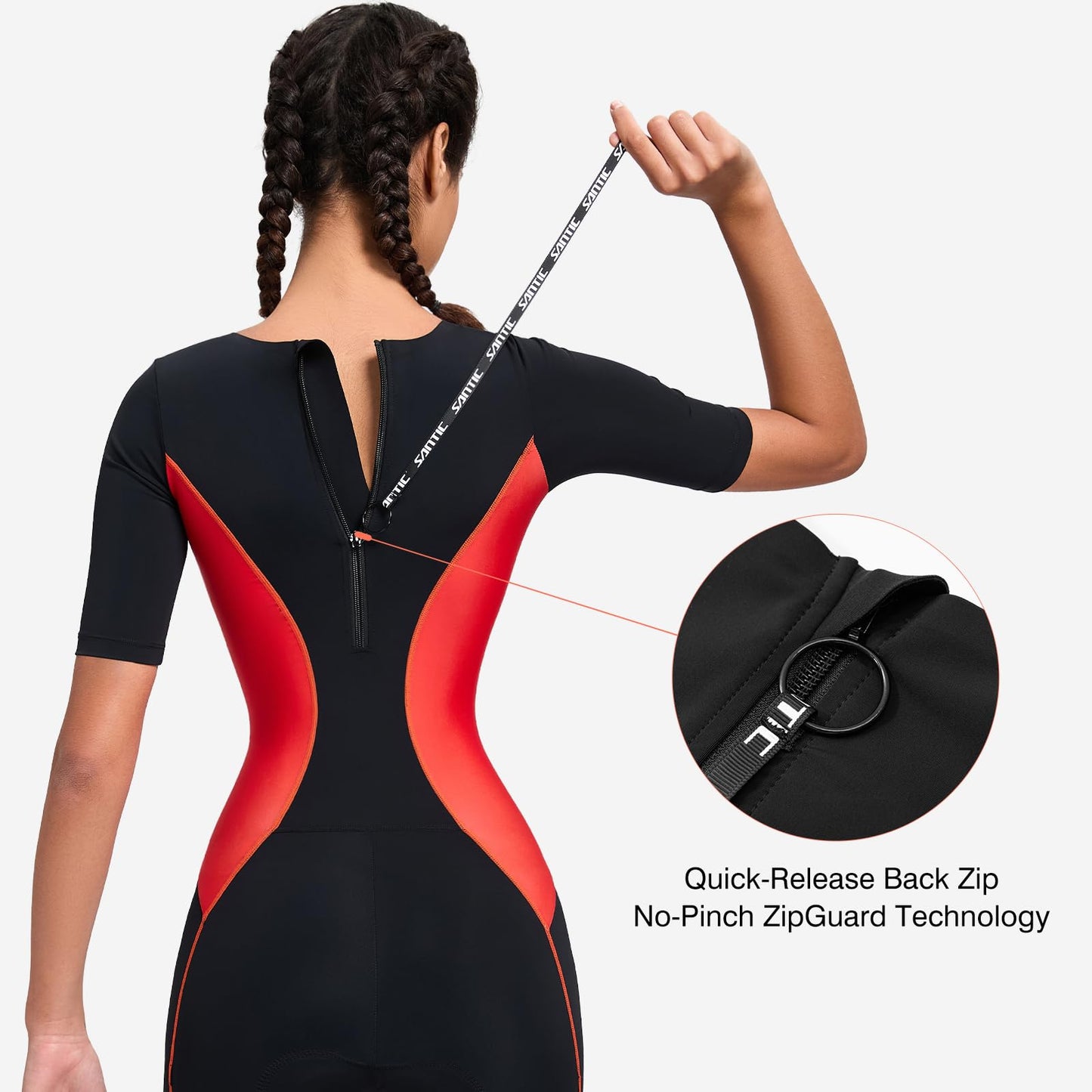 Santic Triathlon Suit for Women Short Sleeve Padded Trisuit Quick-Dry for Swim Bike Run,Red,S