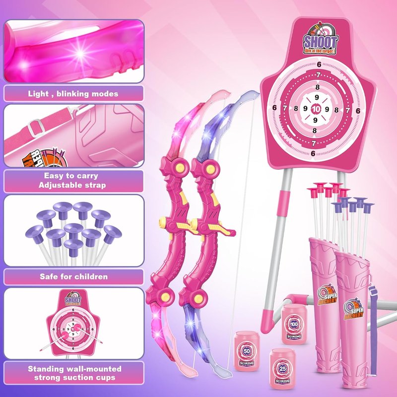 SpringFlower Bow and Arrow Set - LED Light-Up Archery Kit with 2 Foam Dart Guns for Kids 5-10 Years Old | Includes Standing Target
