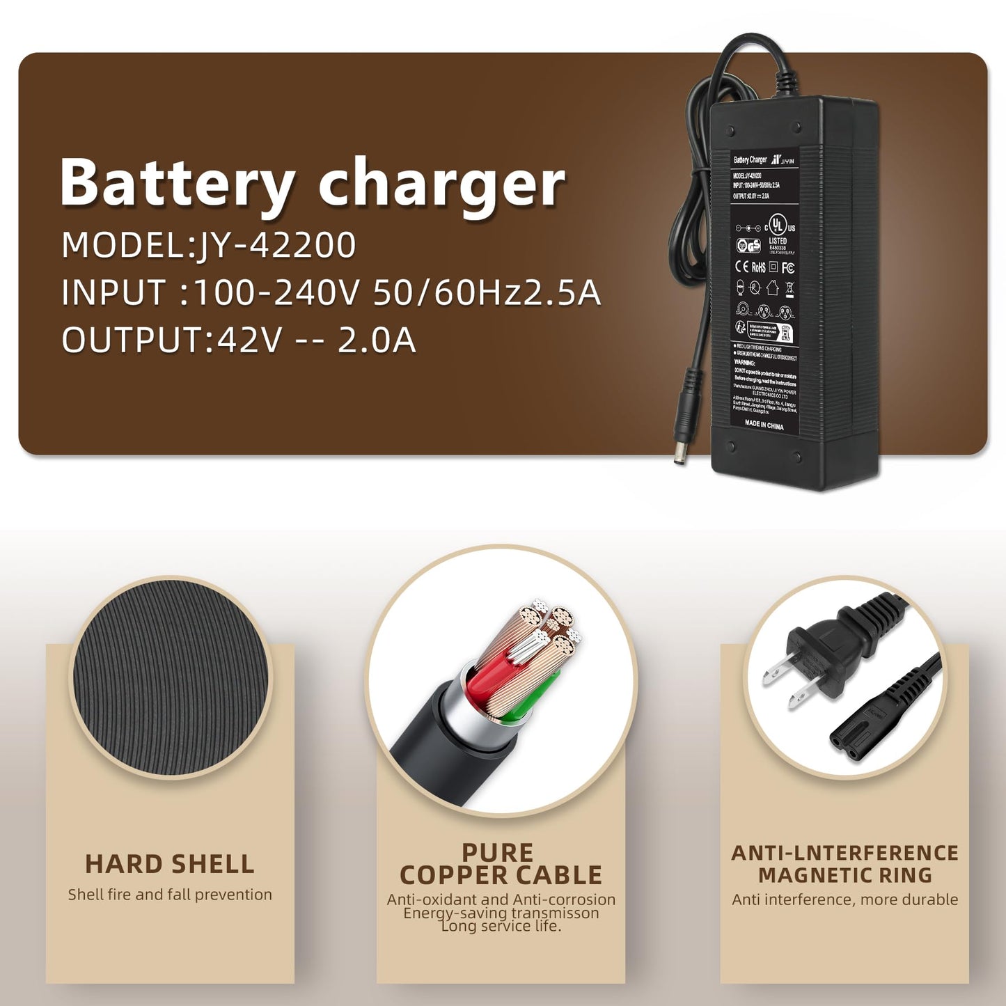 UL Certified 36V-42V 2A Fast Charger for 36V Electric Scooter Lithium Battery Jetson Hoverboard Charger Replacement Compatible with Pocket Mod, Sports Mod, Electric Scooters