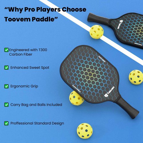 Toovem Max T3 Carbon Fiber Pickleball Paddles Set of 2 – Lightweight T300 Pickleball Paddle Carbon Fiber Racket, 2 Pickle Ball Paddles Gifts with Bag & 4 Balls, for Beginner & Intermediate Players