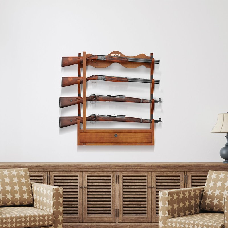 VEVOR Gun Rack, Wood Gun Rack Wall Mount, Gun Display Rack Holds 4 Rifles, Shotguns, 132 lb Heavy Duty Wall Storage Display Rifle Rack with Soft Padding
