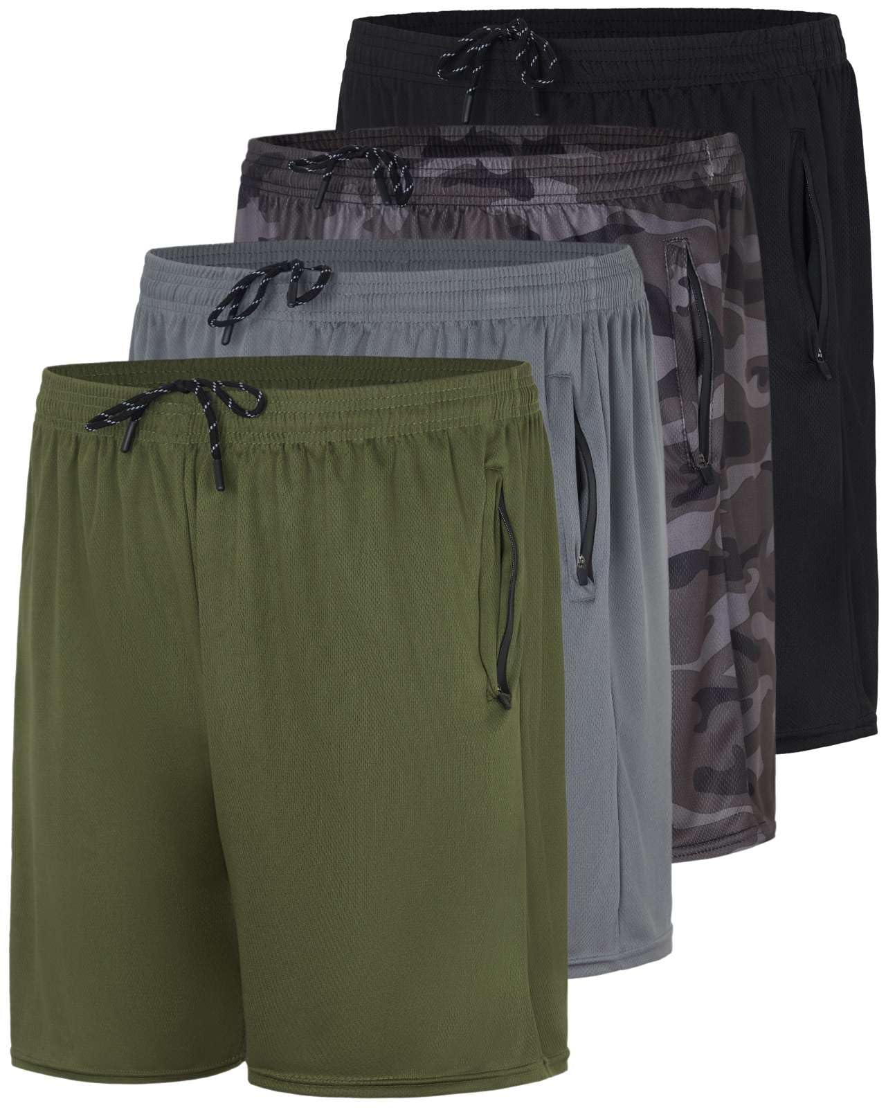 Real Essentials 4 Pack: Men's Mesh 7" Athletic Zipper Shorts Workout Gym Running Basketball (7 Inch Set 6, Black, Camo, Charcoal, Green - L - Standard)