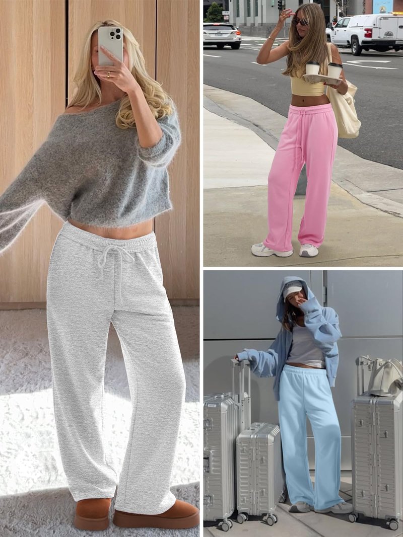 ATHMILE Women's Wide Leg Sweatpants High Waisted Baggy Interior Drawstring Joggers Straight Leg Sweat Pants with Pockets Black
