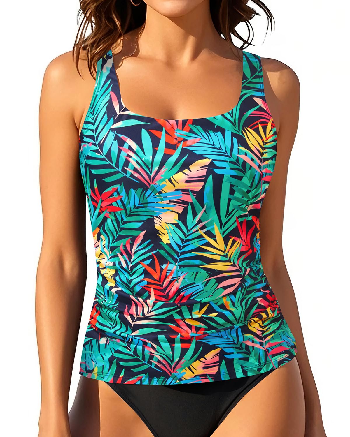 Aqua Eve Tankini Tops for Women Swimwear Top Only Tummy Control Bathing Suit Top No Bottom (Available in Plus) Colorful Leaves S