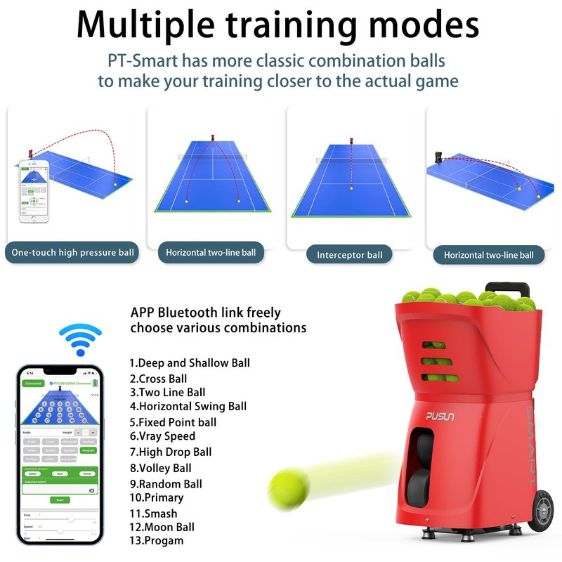 PUSUN PT-SAMRT-Professional Tennis Ball Machine with App Control - 100+ Ball Capacity - 12 Training Modes - 4-6 Hours Battery Life (Red)