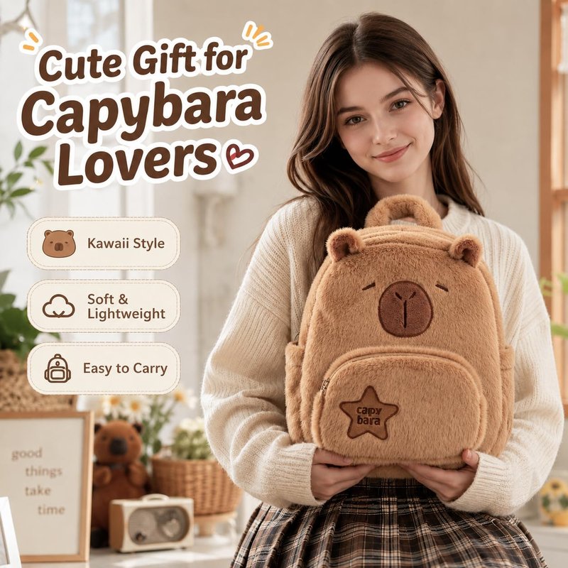 Capybara Plush Backpack, 11.8 Inch Kawaii Capibara Bag with Adjustable Straps, Soft Large Capacity Daypacks for Travel, Festival, Daily Outings, Gift for Teens Girls
