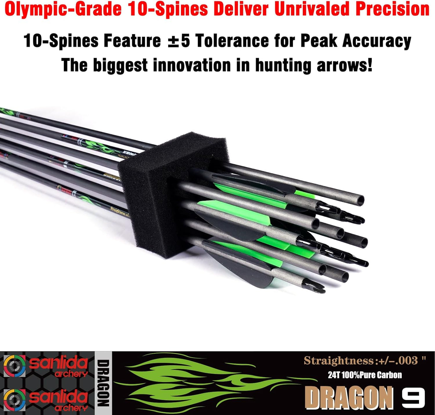 Sanlida 100% Pure Carbon Hunting Arrows - Olympic-Grade 10 Spine Deflection | 0.001" Straightness, Perfect for Compound & Recurve Bows (12/24PCS)
