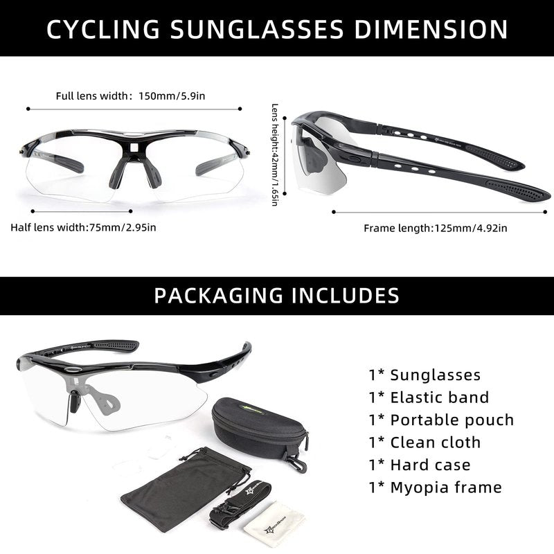 ROCKBROS Pickleball Photochromic Glasses Cycling Glasses with Removable Elasctic & Temple Band Sunglasses Fit for Men Women
