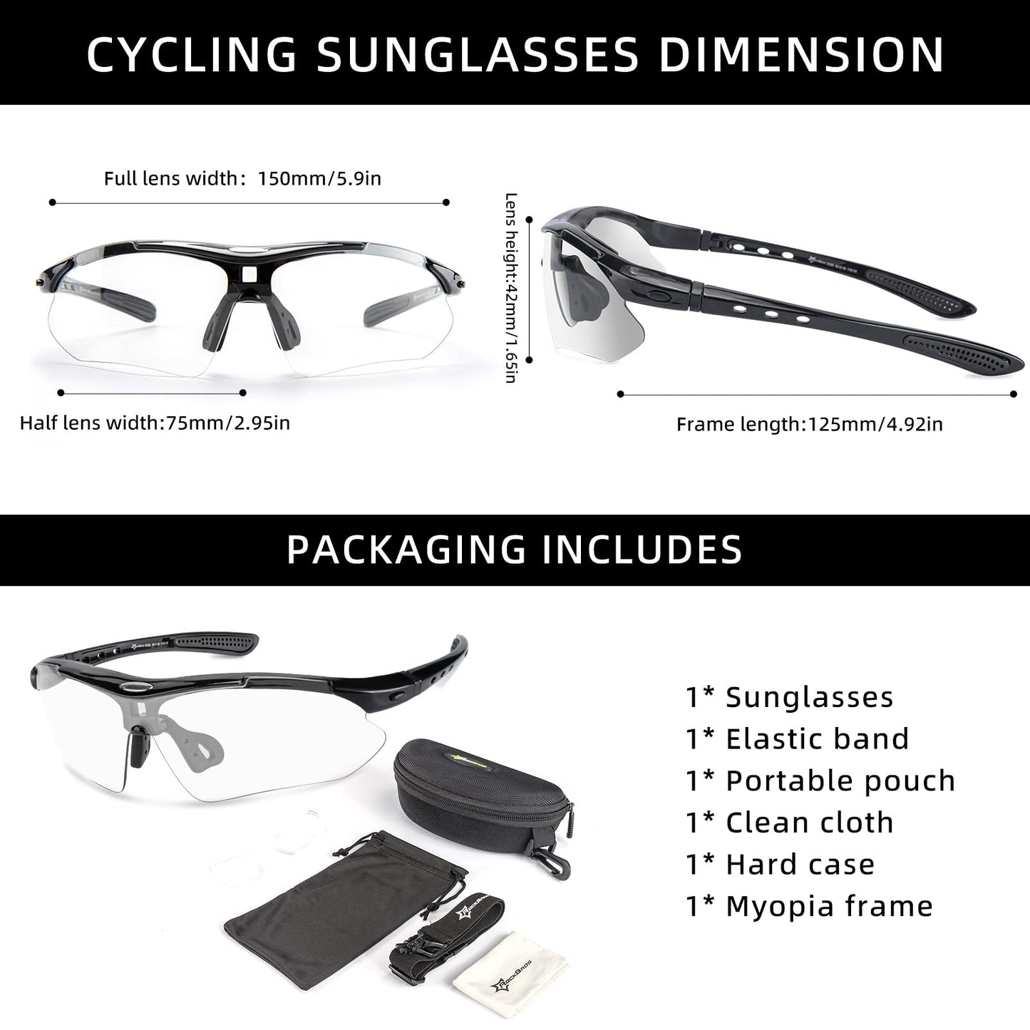 ROCKBROS Photochromic Sports Sunglasses Mens Pickleball Glasses Cycling Glasses MTB Sunglasses, with Removable Elasctic Band