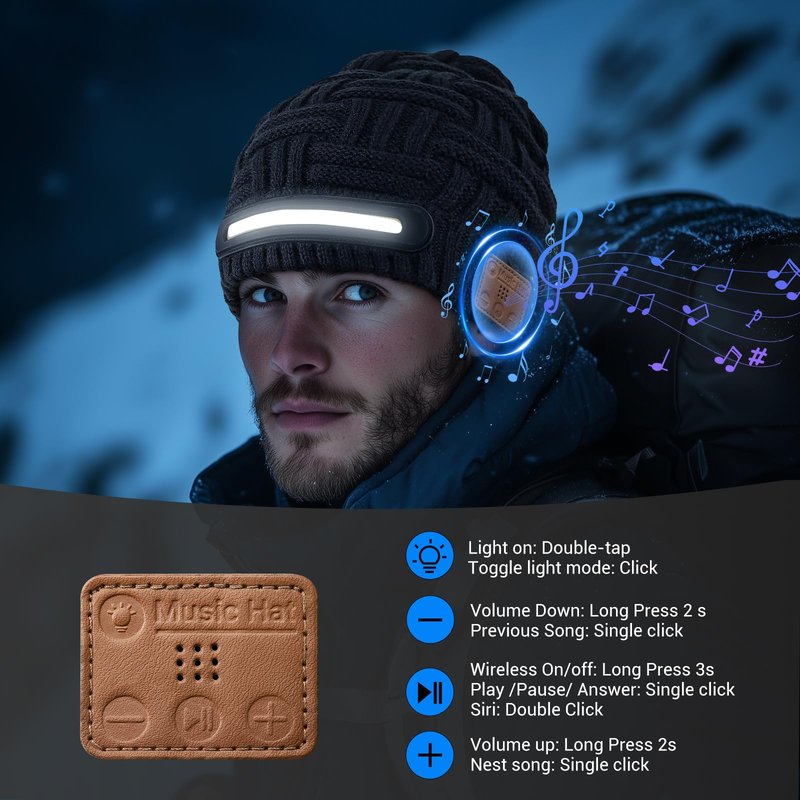 Bluetooth Beanie with Light, Music Knitted Hat, USB Rechargeable, Contains 40 White Light Beads, Winter Christmas Gift for Family, Men, Dad and Father