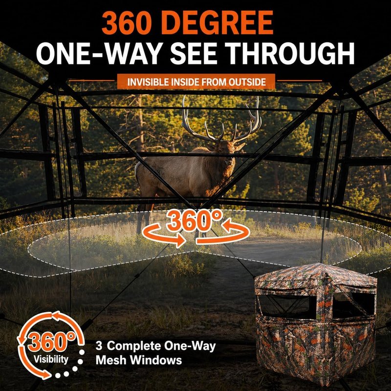 Hunting Blind - 270/360° See-Through Camouflage Tent for 2-3 People | Easy-Fold Portable Shelter with Carrying Bag