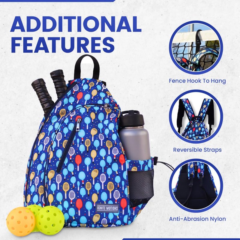 Ignite Motions Pickleball Bag – Sling Backpack with Fence Hook, Reversible Strap & Large Ball Pocket (Fits 2–4 Paddles) (Paddles)