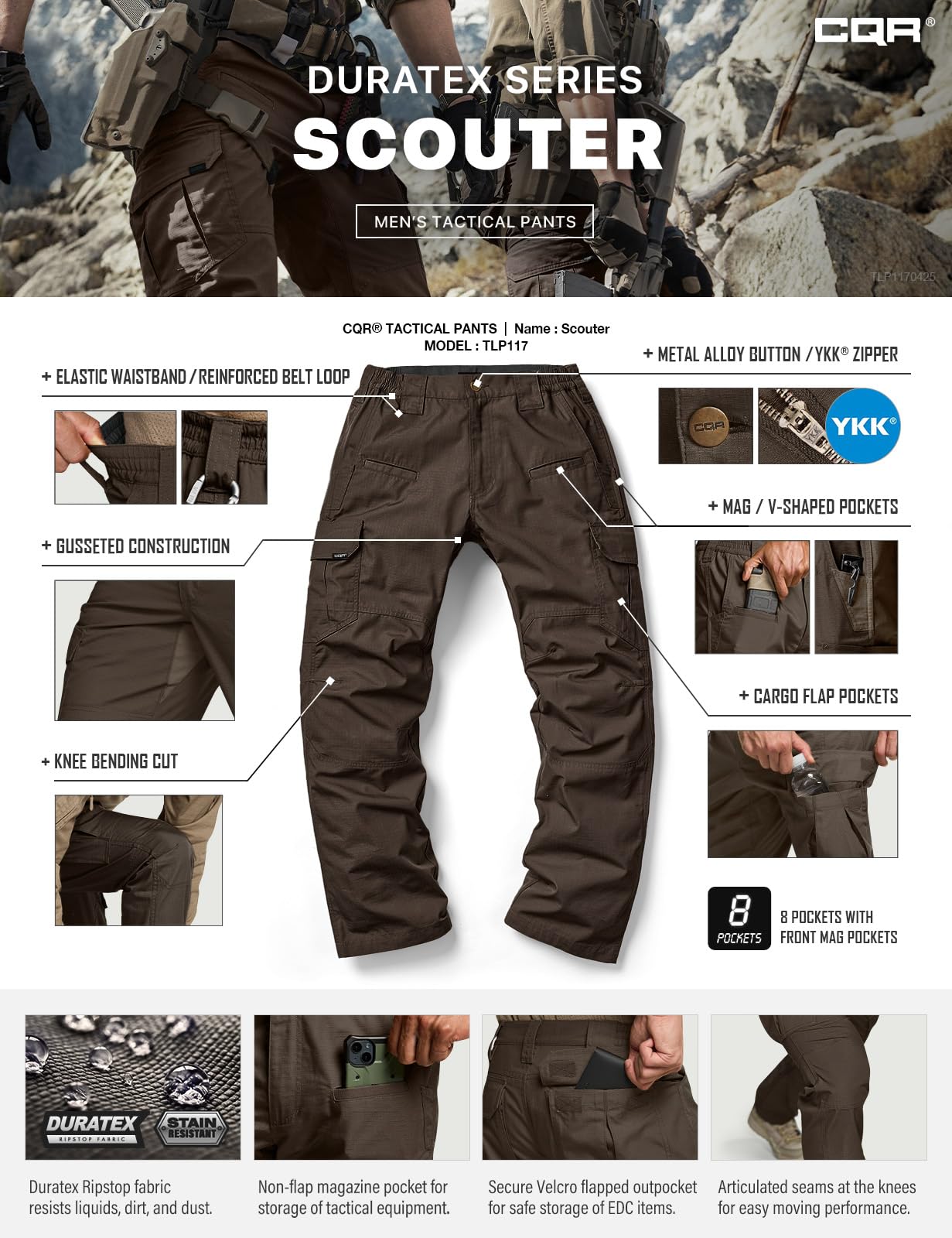CQR Men's Tactical Pants, Water Resistant Ripstop Cargo Pants, Lightweight EDC Work Hiking Pants, Outdoor Apparel, Raider Dark Brown, 28W x 30L