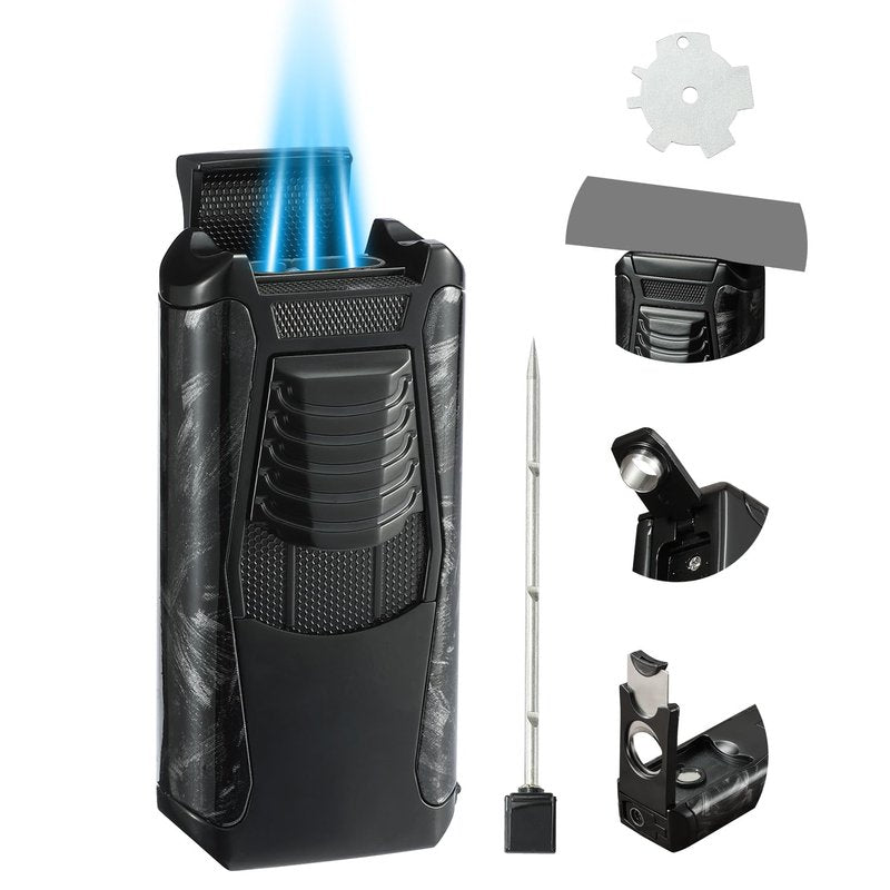 All in One 3 Jet Flame Butane Torch Lighter Built-in Cutter Cut, Punch, Holder Function, Draw Enhancer Tool, Refillable Windproof Gas Lighter (Sold Without Gas) ﻿ (Red Wood Grain)
