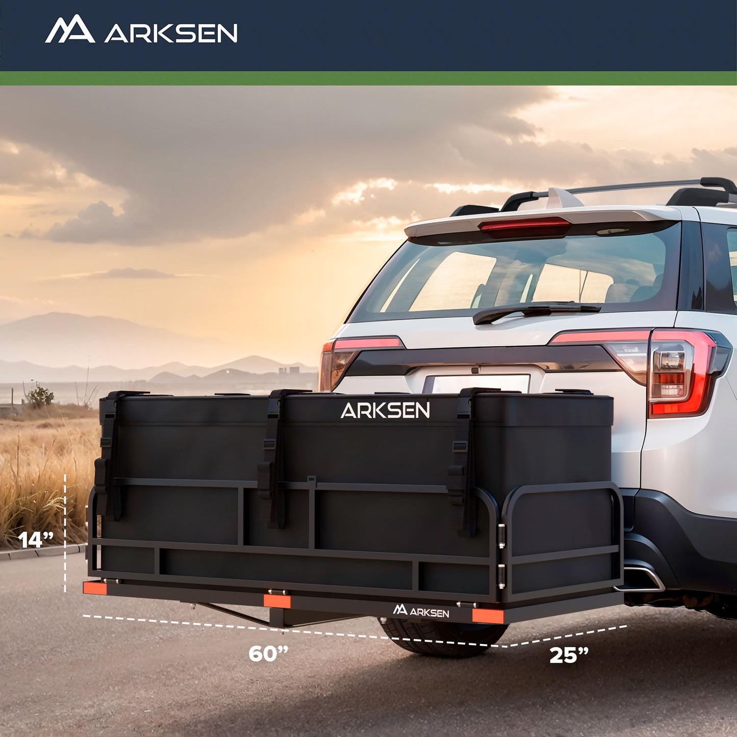 ARKSEN 60" x 25" x 14" Folding Cargo Rack Carrier with 500D PVC Waterproof Cargo Bag 500 Lbs Heavy Duty Capacity 2 Inch Receiver Luggage Basket Hitch Fold Up for SUV Pickup Camping Traveling