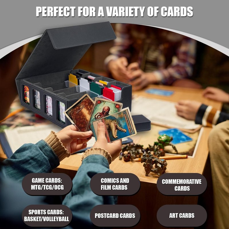Trading Card Storage Box - 3200+ MTG Commander Deck Organizer with Window, Dice Tray & 30 Dividers | Black Grey