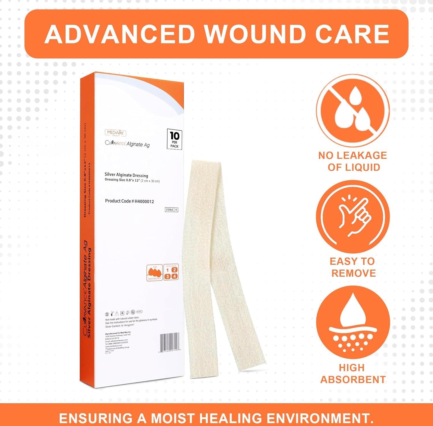 MedVance Silver Calcium Alginate Ag Sterile Highly Absorbent Dressing, (0.8" x 12") Pack of 10