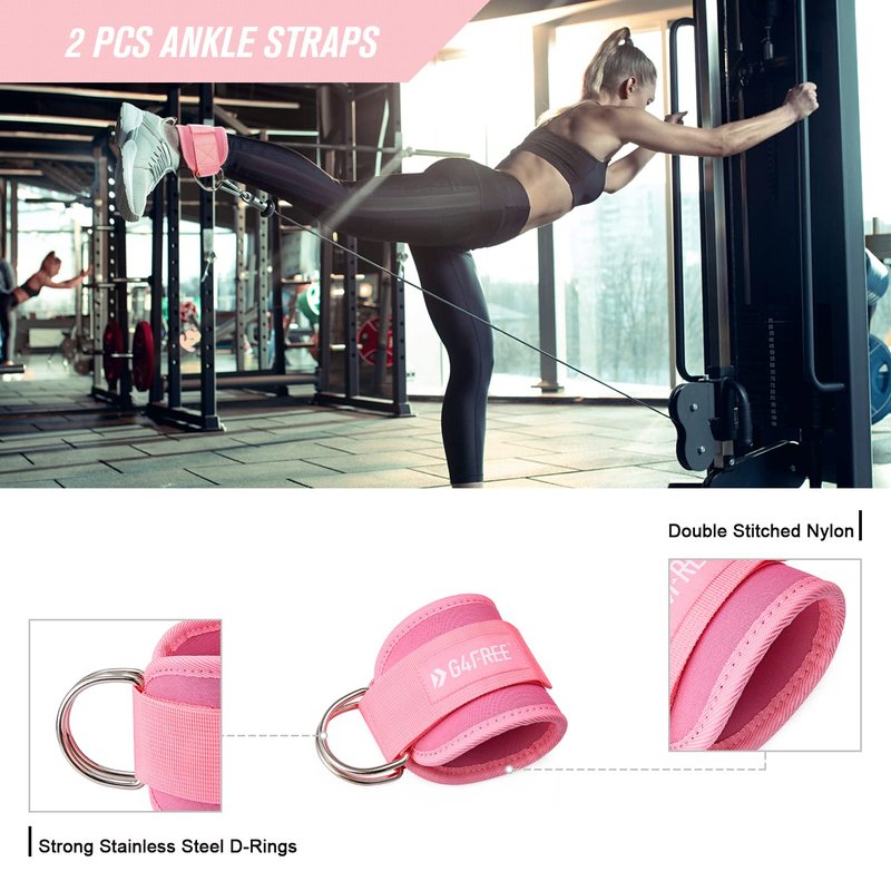 G4Free 7pcs Barbell Pad Set for Squat, Hip Thrusts, Lunges Standard Olympic Bars with 2 Gym Ankle Safety Straps, 3 Hip Resistance Bands, Barbell Pad and Carry Bag(Pink)