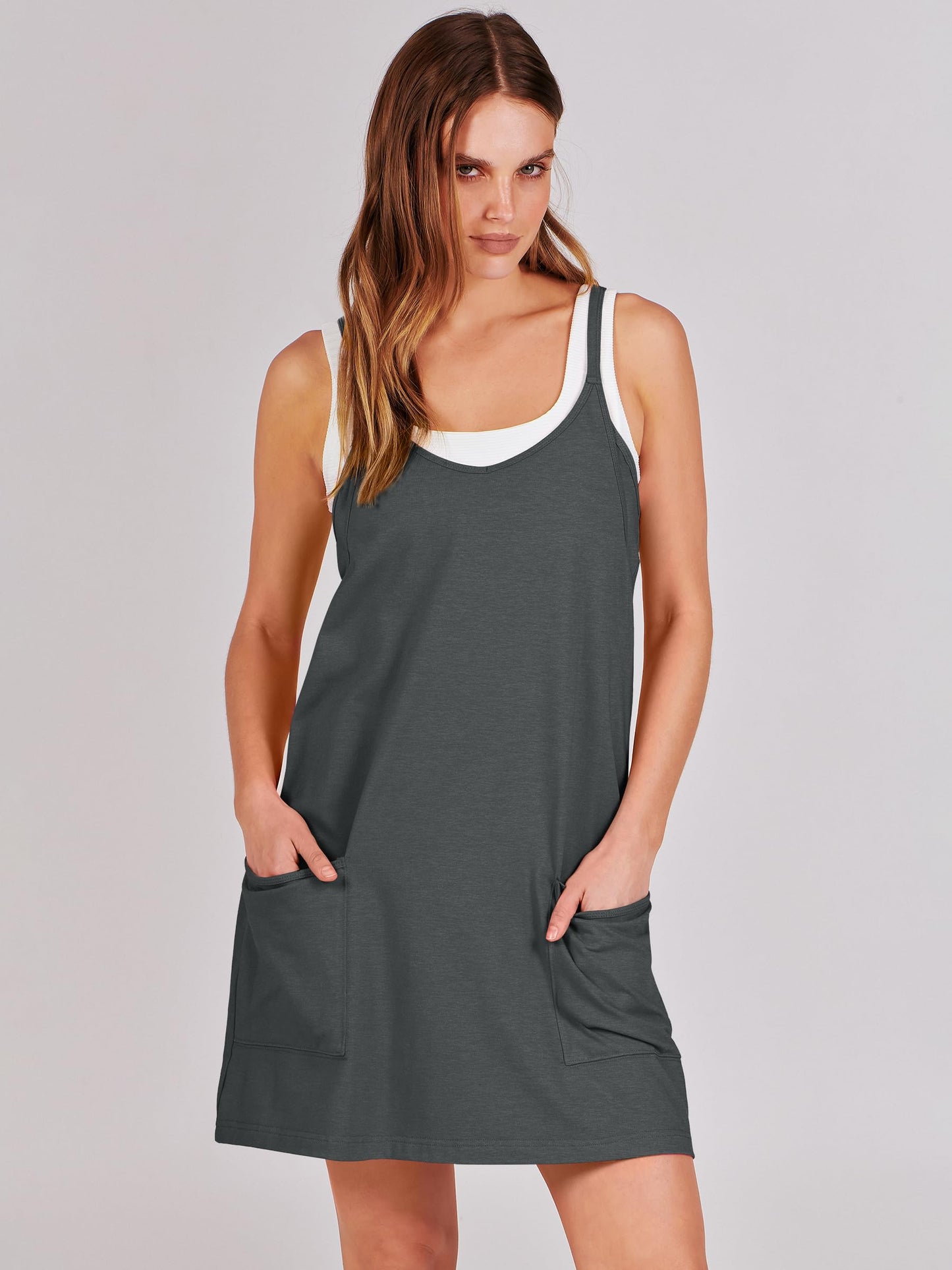 ANRABESS Women Athletic Dress Summer Tennis Workout Active Sports Mini Romper Dress Built in Shorts Travel Vacation Clothes Deep Gray Small